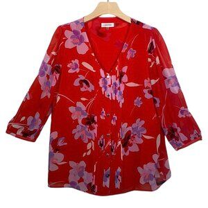 Calvin Klein Red Floral Button Up Blouse Size Small